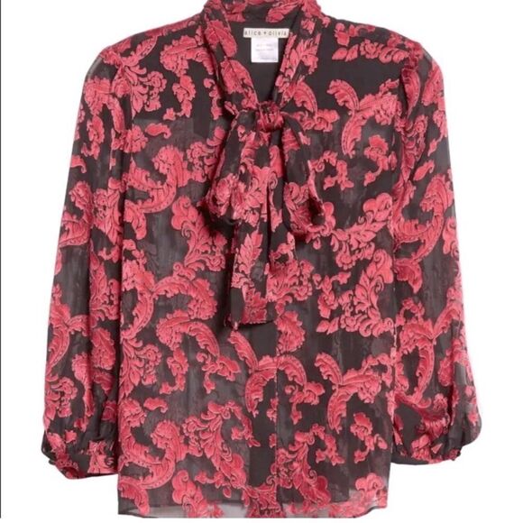 NWT Alice + Olivia Jeannie Bow Silk Burnout Blouse in Show me love wild pink - Picture 10 of 10